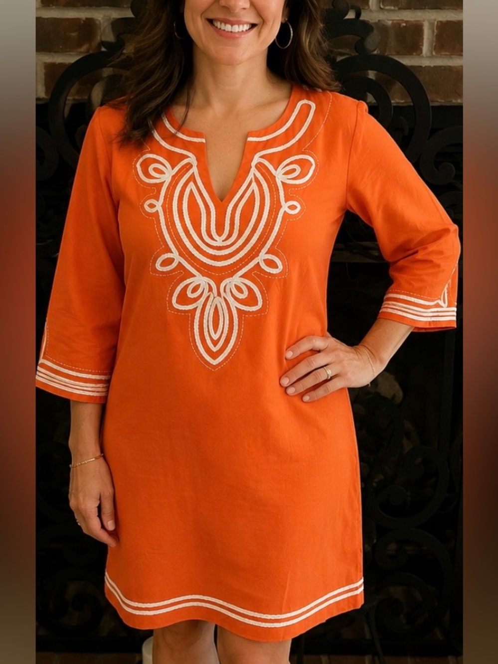 Embroidered Orange Mini Dress/Tunic with White Embroidered Trim Size:40/ML